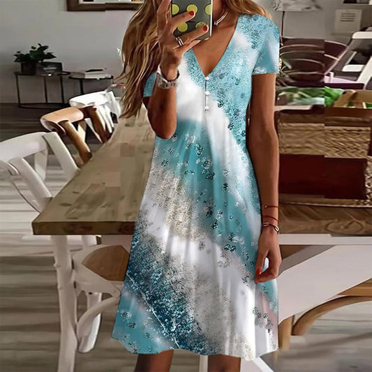שמלת מיני הדפסת שרוול כחולה עם שרוול כחול