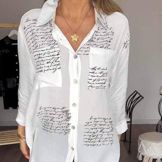 חולצת דש אופנה לנשים עם הדפס שרוולים ארוכים (50% הנחה)