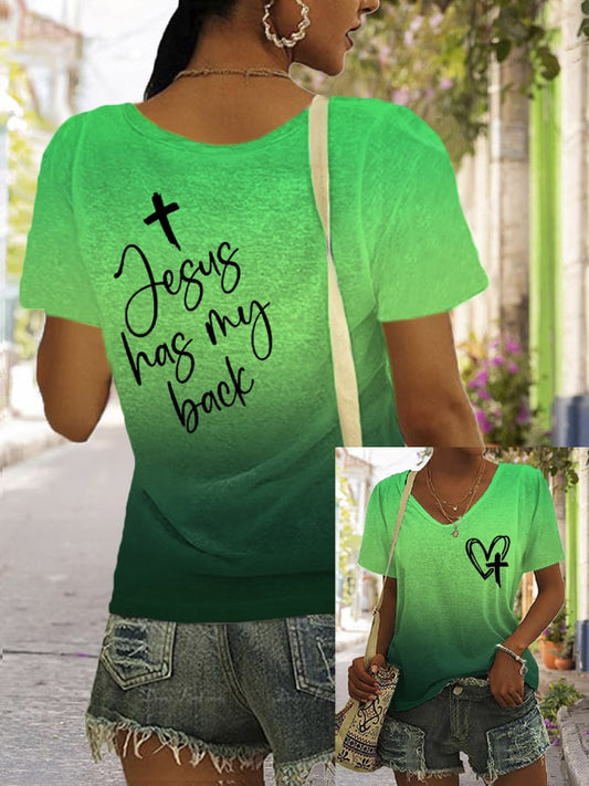 Women's Jesus Has My Back Print V Neck T-Shirt