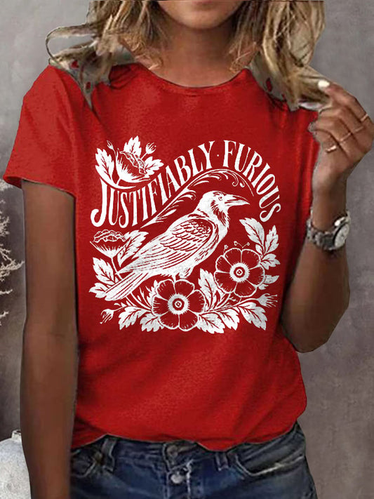 Women's Justifiably Furious Raven Print Casual  T-Shirt