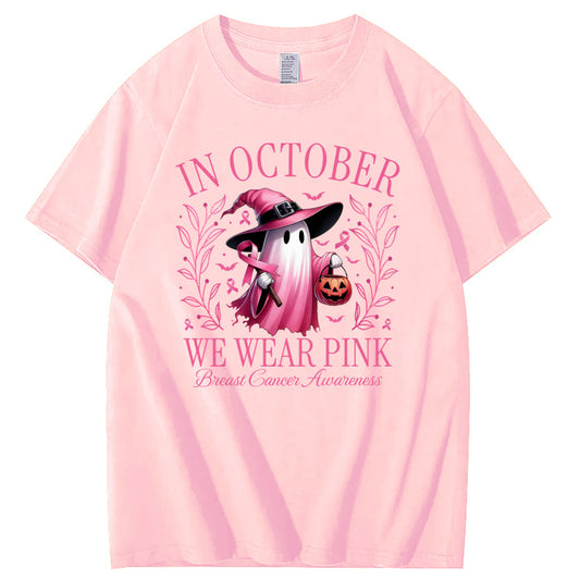 In October We Wear Pink Ghost Pattern100% Cotton T-Shirt