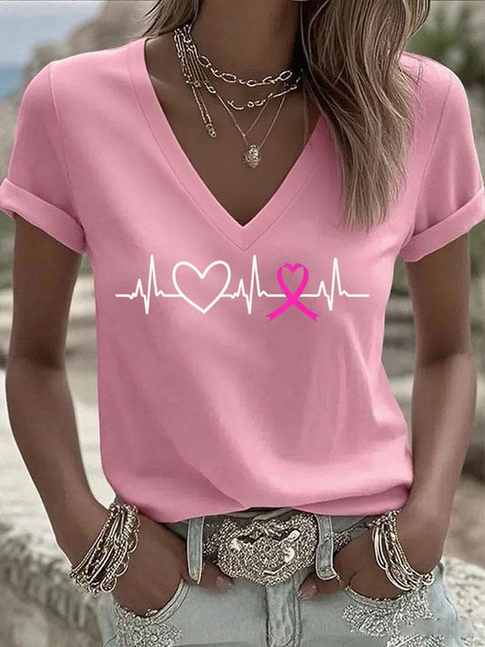 Women's Breast Cancer Love Ribbon Print Casual T-shirt