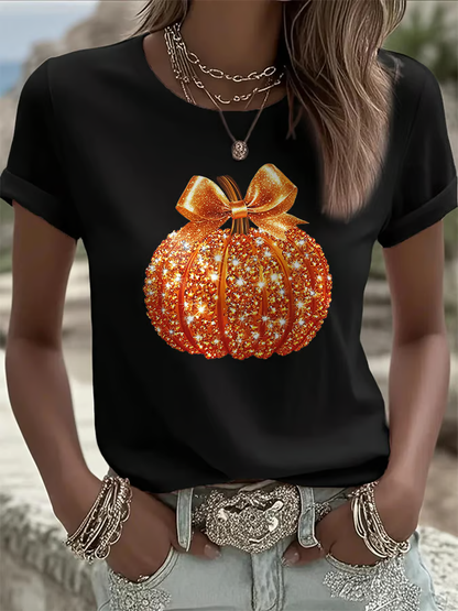 Women's Autumn Sequin Pumpkin Print Casual T-shirt