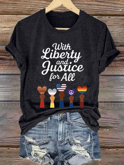 Women's With Liberty Justice for All  Print Caasual T-shirt