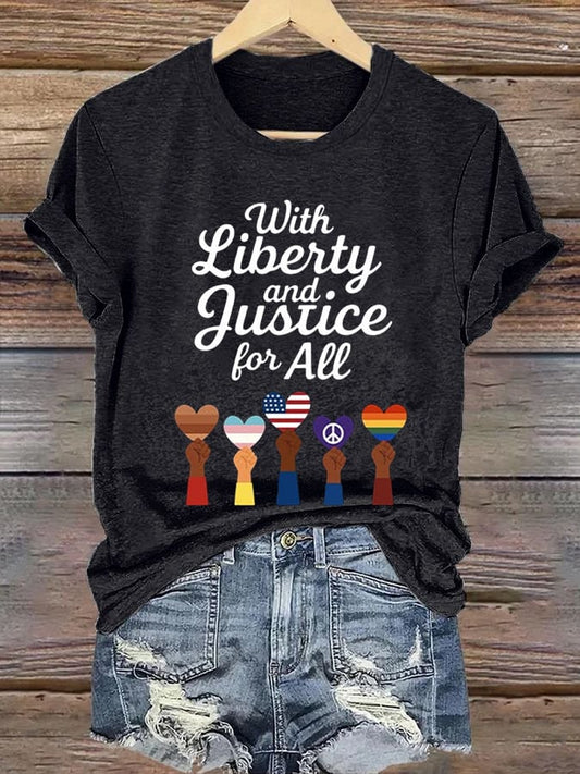 Women's With Liberty Justice for All  Print Caasual T-shirt