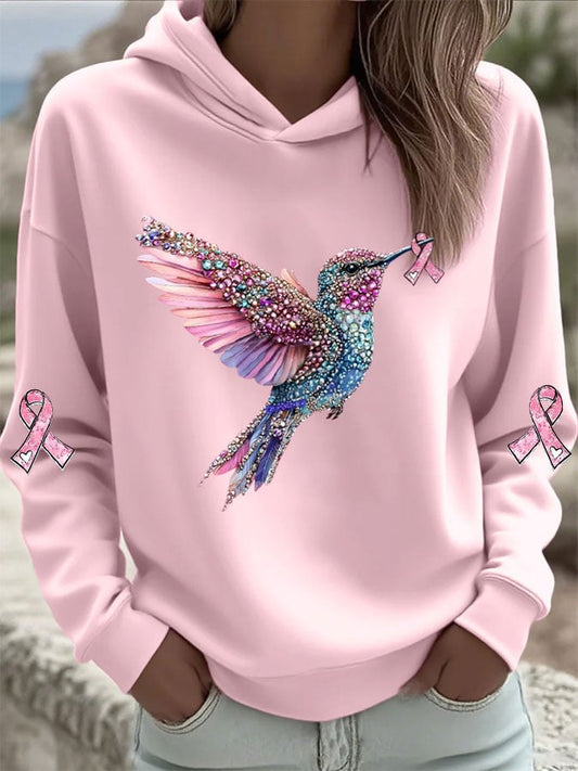 Women's Breast Cancer Hummingbird Print Hooded Sweatshirt