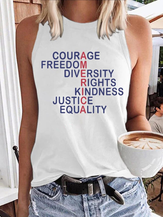 Retro America Courage Freedom Diversity Rights Kindness Justice Equality Print Tops Tank