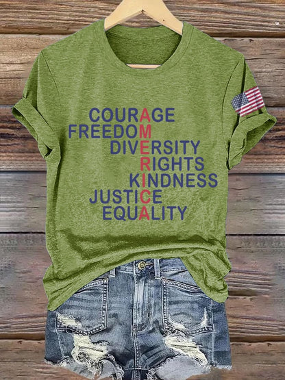 Retro America Courage Freedom Diversity Rights Kindness Justice Equality Print T-Shirt