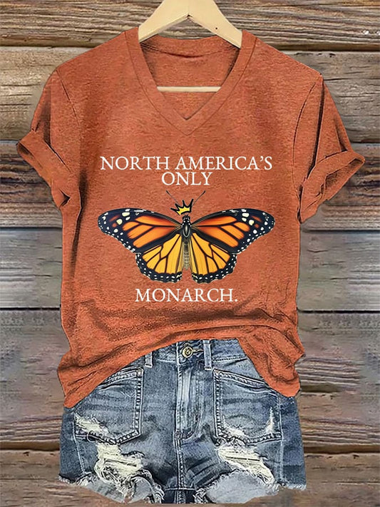 V-Neck Retro North America’s Only Orange Monarch Print T-Shirt