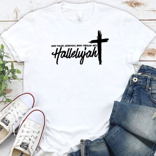 Women's Hard Fought Hallelujah Pattern Round-Neck T-Shirt