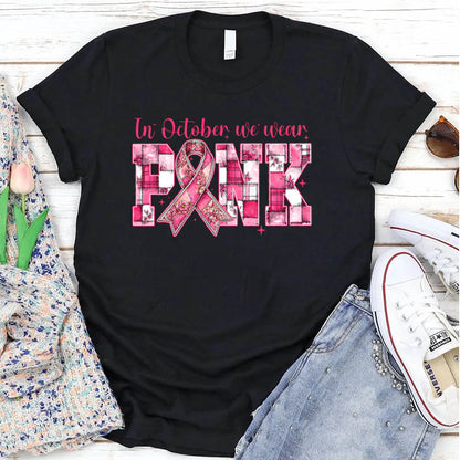 Women's Vintage In October We Wear Pink  Pattern Round-Neck T-Shirt