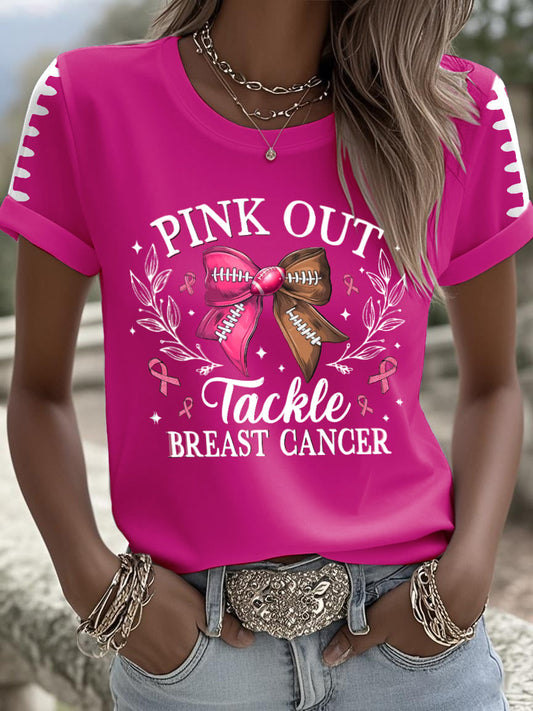 Women's Casual Breast Cancer Pink Rugby Print T-Shirt