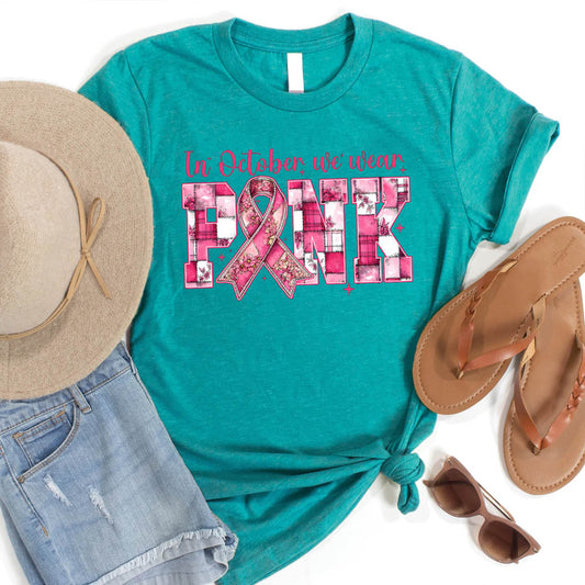Women's Vintage In October We Wear Pink  Pattern Round-Neck T-Shirt
