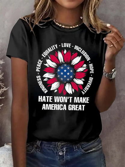 Retro Hate Won't Make America Great Kindness · Peace · Equality · Love · Inclusion · Hope · Diversity Print T-Shirt