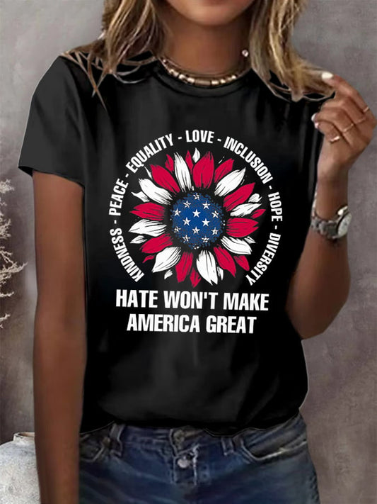 Retro Hate Won't Make America Great Kindness · Peace · Equality · Love · Inclusion · Hope · Diversity Print T-Shirt