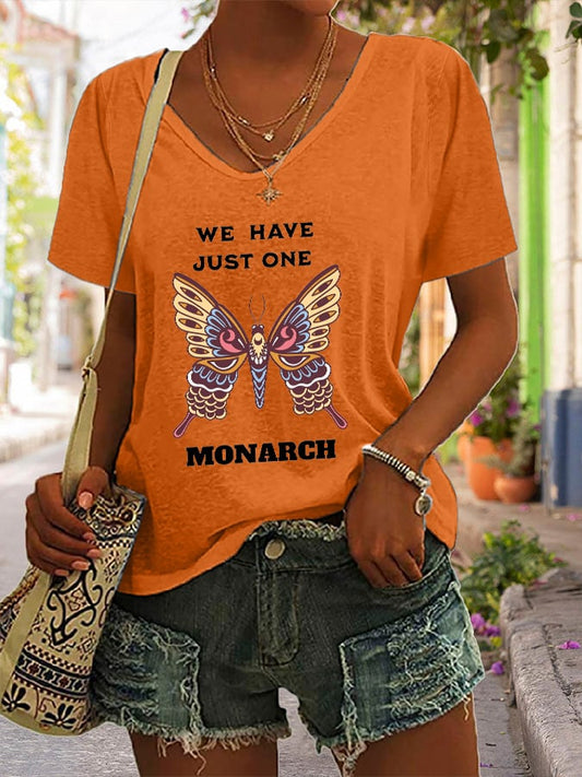 V-Neck Retro We Have Just One Orange Monarch Print T-Shirt