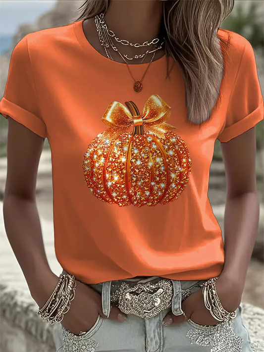 Women's Autumn Sequin Pumpkin Print Casual T-shirt