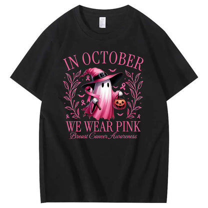 In October We Wear Pink Ghost Pattern100% Cotton T-Shirt