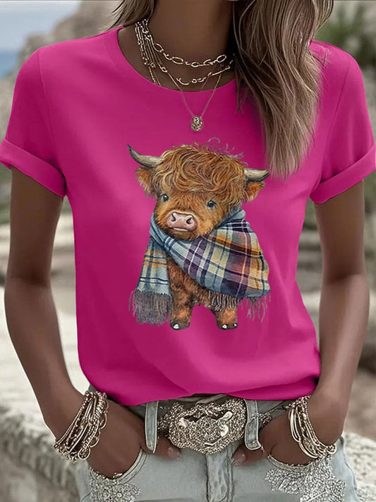 Women's Highland Cow Print Crew Neck T-Shirt