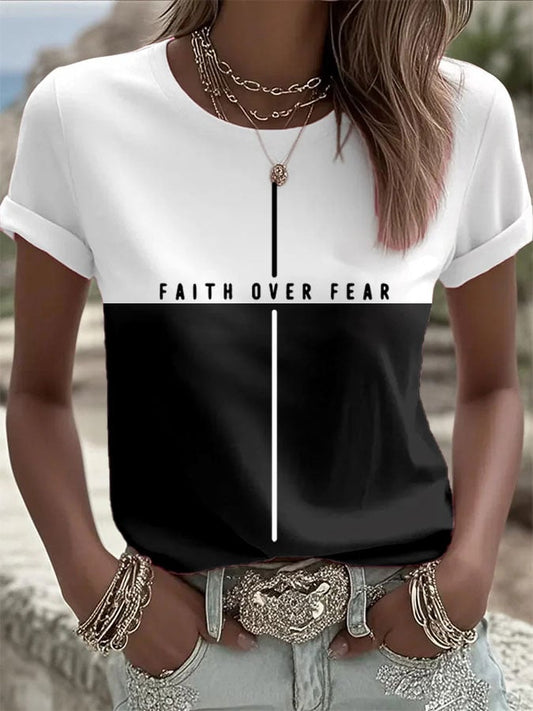 Women's Faith Over Fear Printed Round Neck T-Shirt