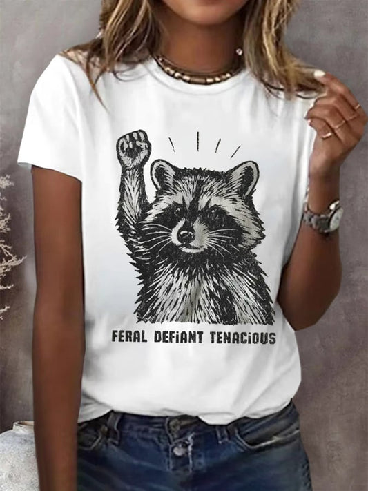 Women's Exquisite FDT Wild Raccoon Printed Short-Sleeved T-Shirt