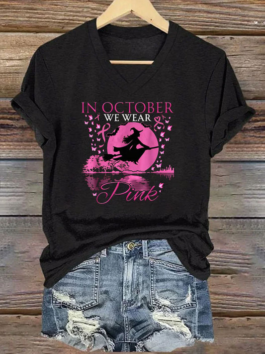We Wear Pink Pattern  Print V Neck Casual T-Shirt