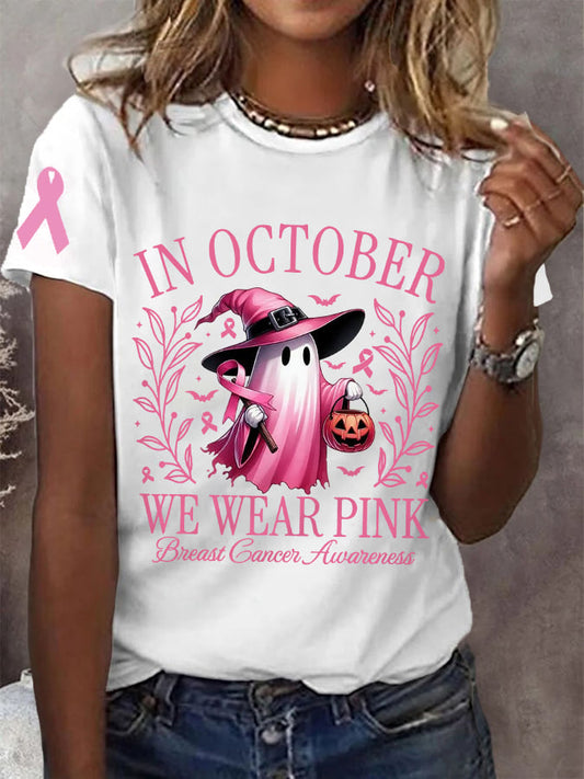 Women's In October We Wear Pink Halloween Ghost Breast Cancer Awareness Tee