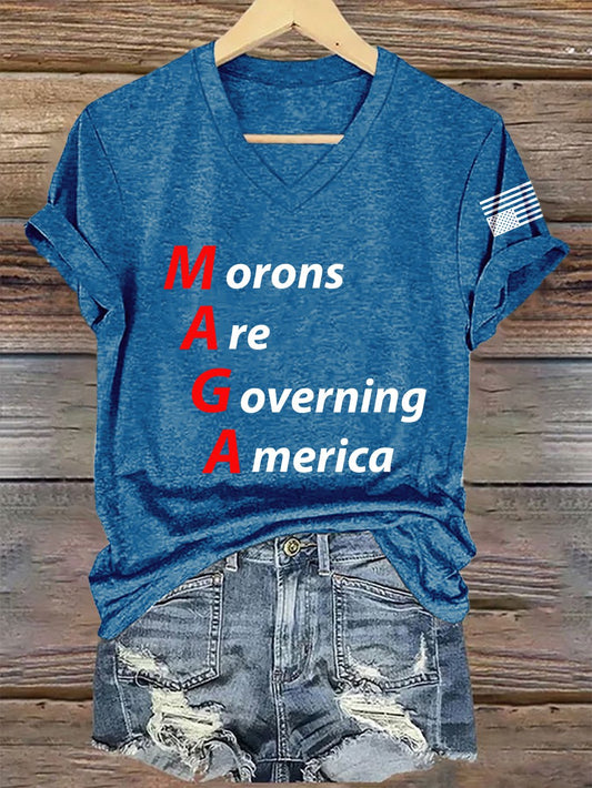V-Neck Retro Morons Are Governing America Print T-Shirt