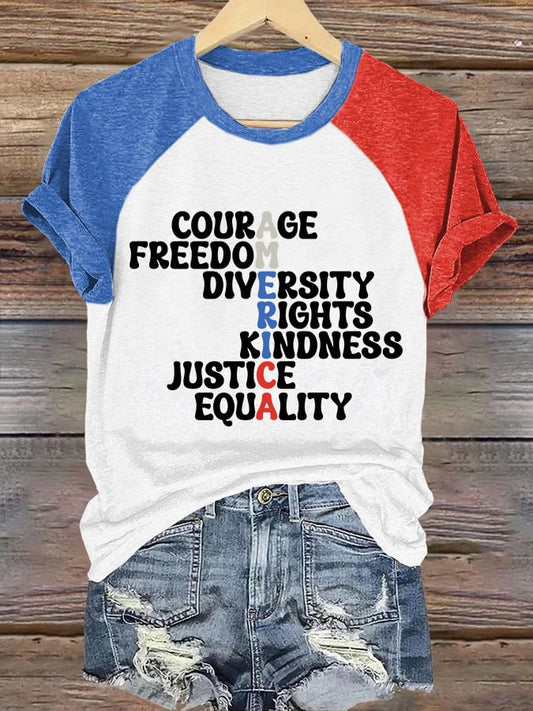 Retro Raglan Sleeves Color Block America Courage Freedom Diversity Rights Kindness Justice Equality Print T-Shirt