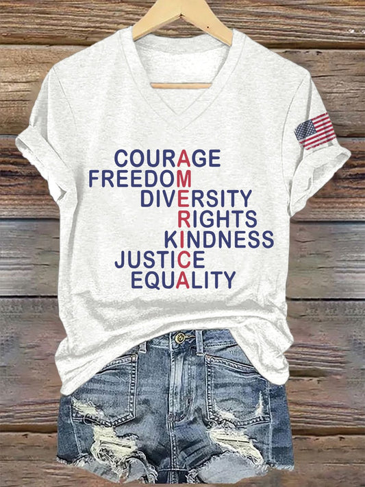 V-Neck Retro America Courage Freedom Diversity Rights Kindness Justice Equality Print T-Shirt