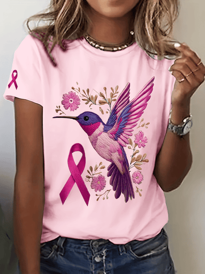 Women's Breast Cancer Hummingbird Print Crew Neck T-Shirt