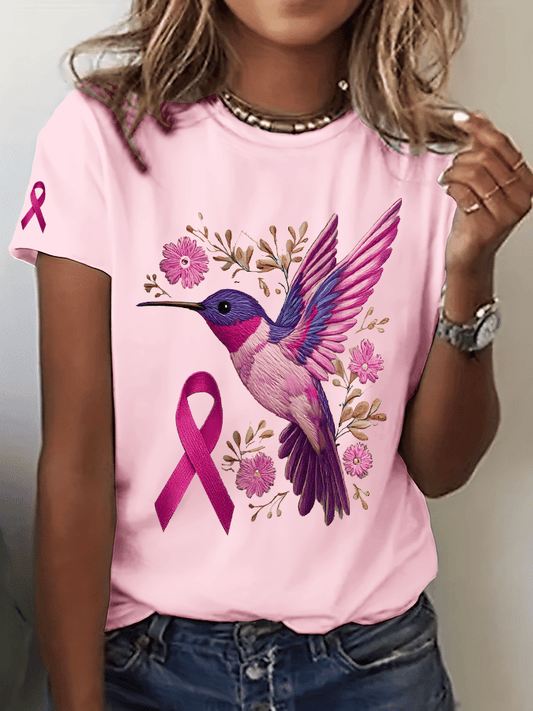 Women's Breast Cancer Hummingbird Print Crew Neck T-Shirt