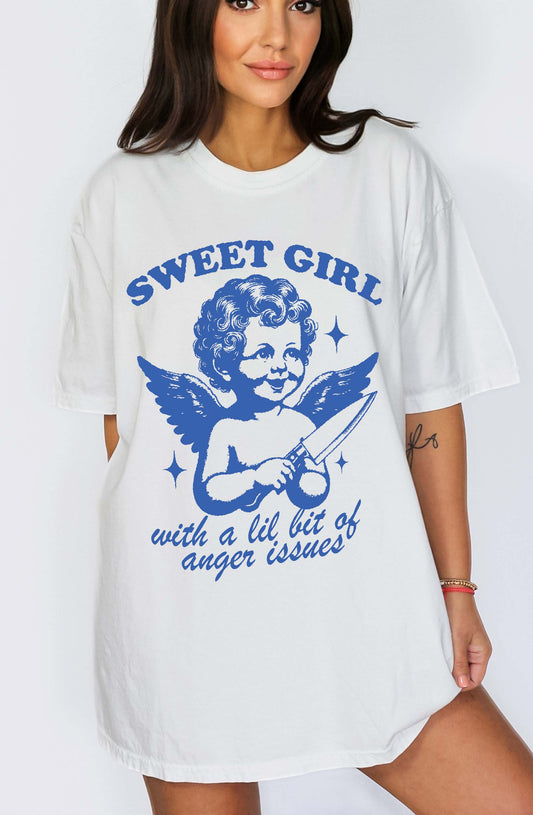 Sweet Girl With Anger Issues Tee – Oversized Angel Knife Graphic Tee